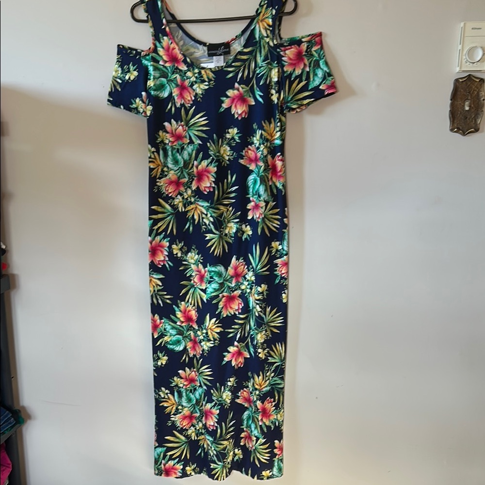 Lexington Avenue cold shoulder maxi dress size PL navy/orange floral print NWT
